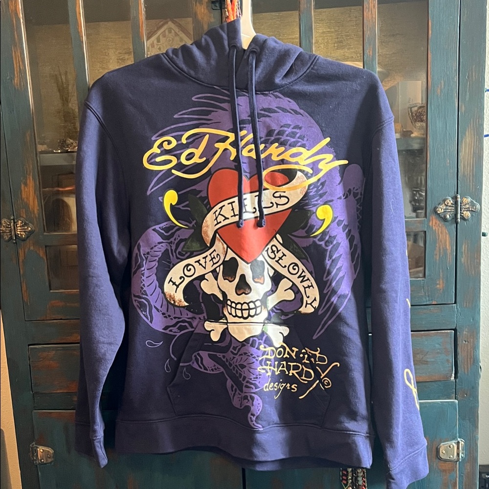 Ed Hardy Purple Hoodie with Skull and Heart Design